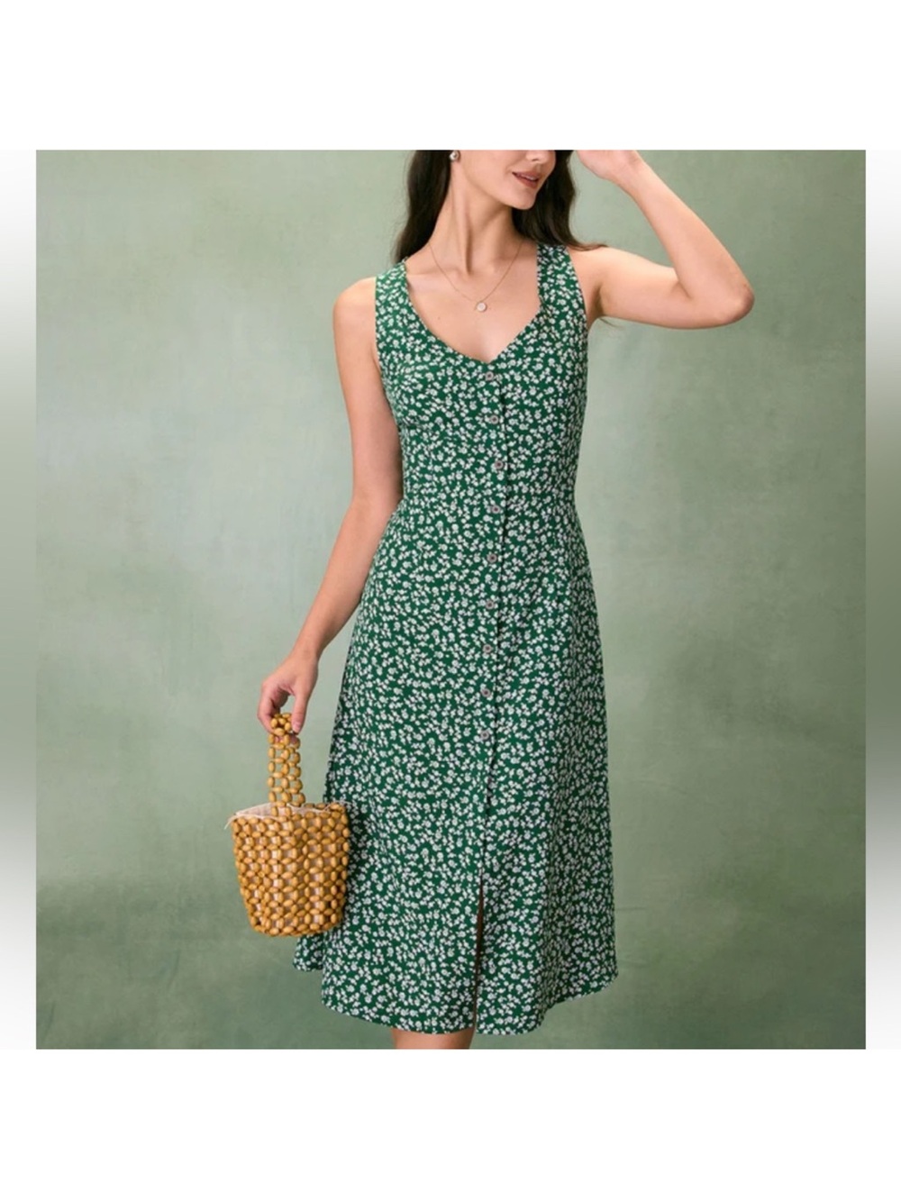 Green Floral Button-Front Midi Dress